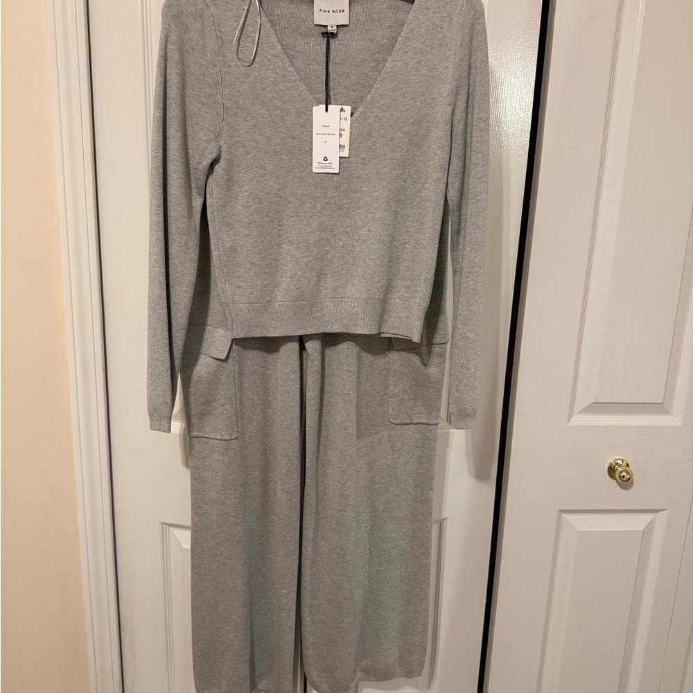 Pink Rose Heather Gray V-Neck Knit matching set